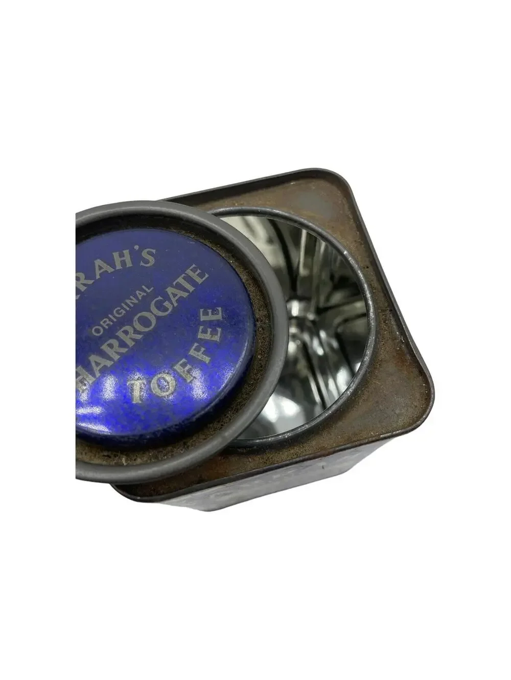 Vintage Farrah's Toffee Tin: English Blue & Silver Lidded Box